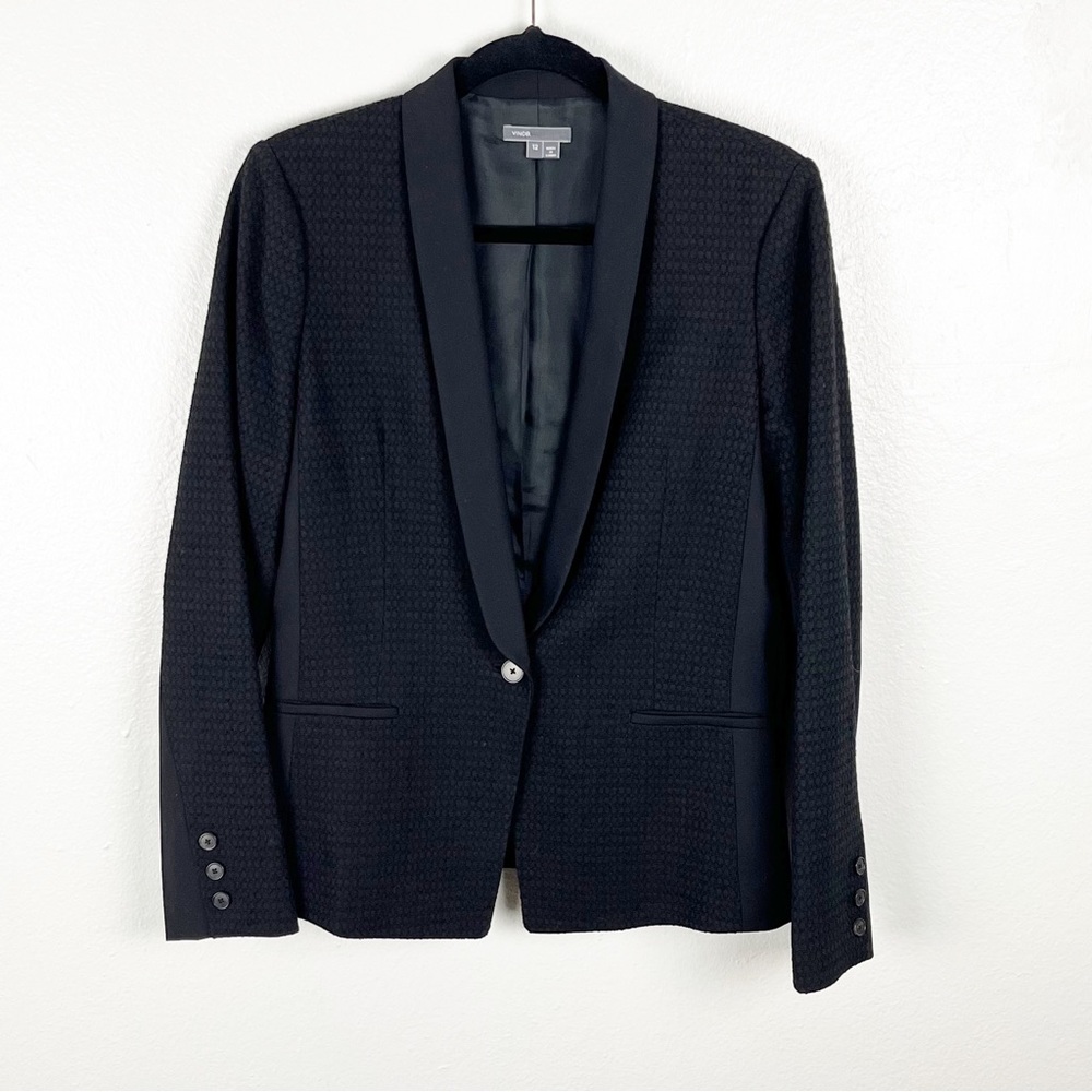 VINCE Classic Black Wool Blend One Button Textured Shawl Lapel Lined Blazer 12